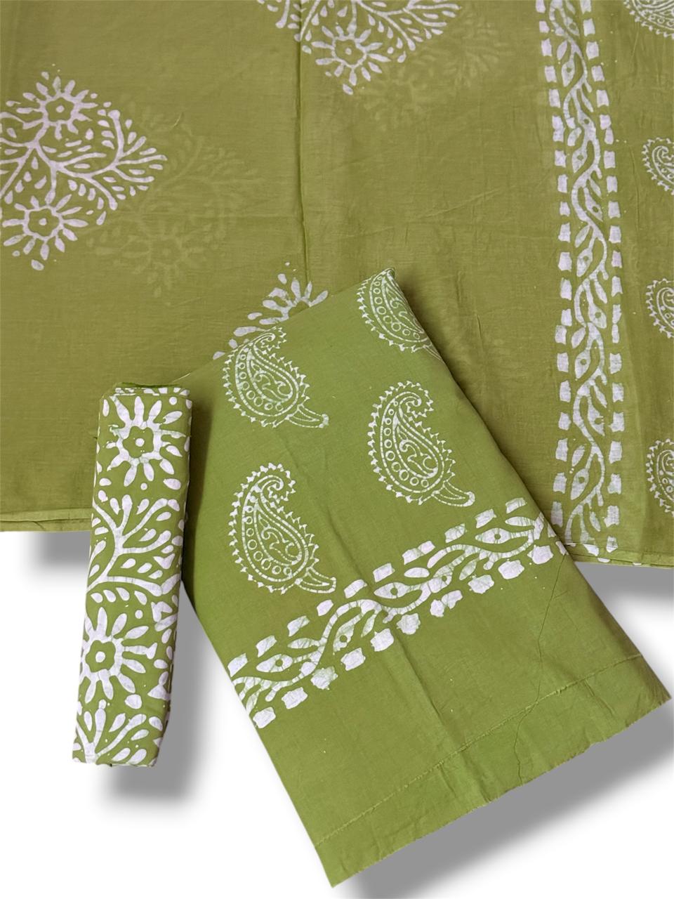 Hand Block Wax Batik Print Pital Unstitched Suit Set - Avantika Clothing