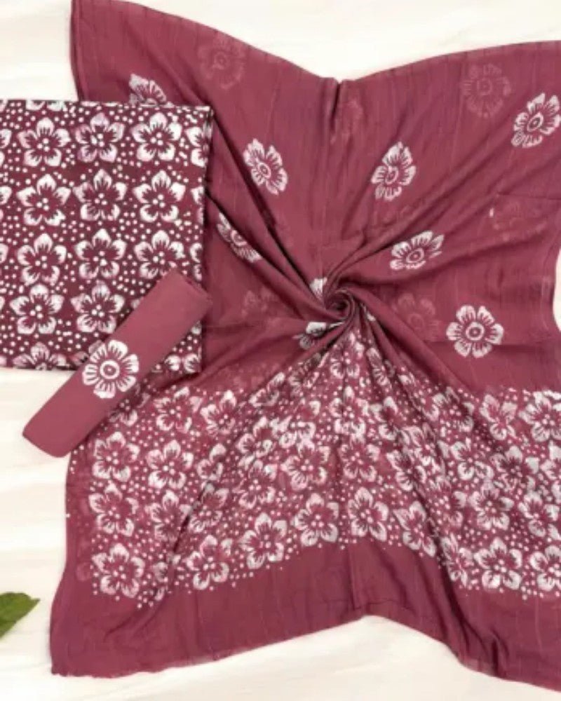 Maroon Floral Hand Block Print Cotton Unstitched Suit Set - Avantika Clothing