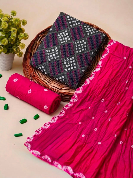 Premium Satin Cotton Colourful Lucknowi Work Contrast Bandhani Dress Unstitched - Avantika Clothing