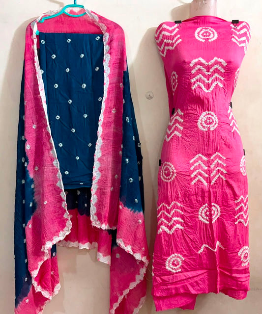 Premium Satin Cotton Fancy Contrast Colour Bandhani Dress Unstitched - Avantika Clothing