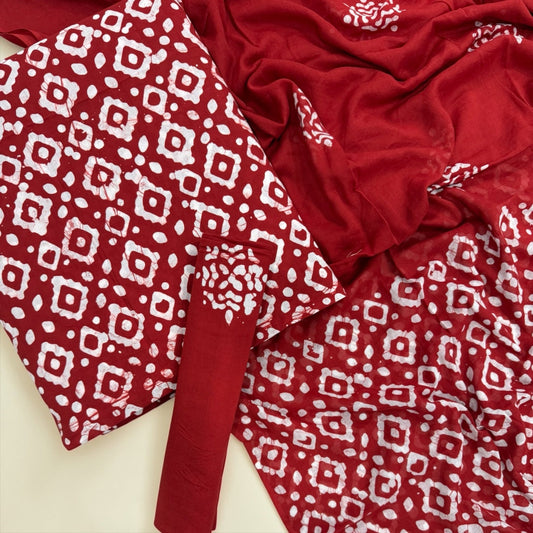 Ruby Red Hand Block Print Cotton Unstitched Suit Set - Avantika Clothing