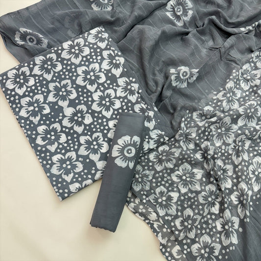 Slate Grey Floral Hand Block Print Cotton Unstitched Suit Set - Avantika Clothing