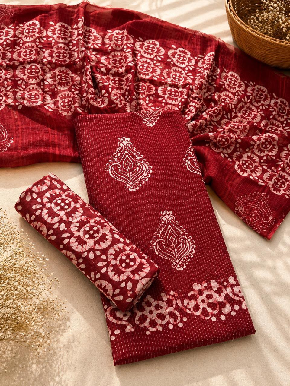 Cotton Hand Batik Block Print Suit Unstitched - Avantika Clothing