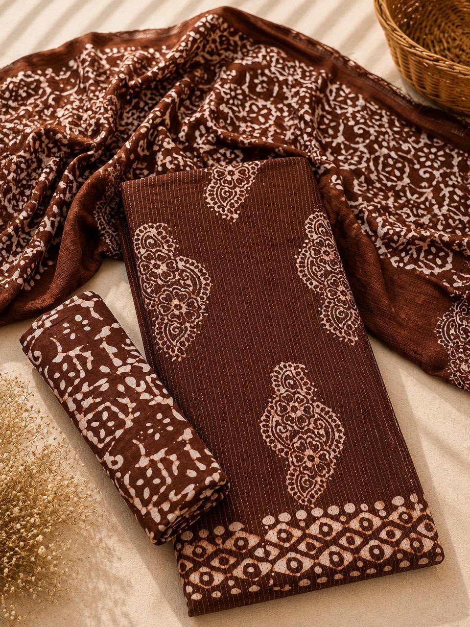 Cotton Hand Batik Block Print Suit Unstitched - Avantika Clothing