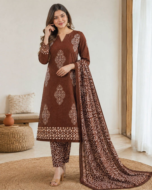 Cotton Hand Batik Block Print Suit Unstitched - Avantika Clothing