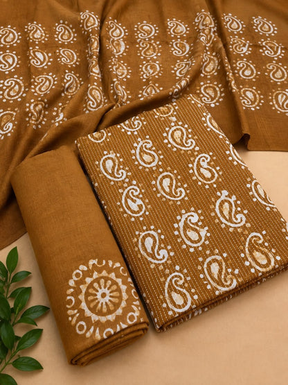 Cotton Hand Batik Katha Block Print Unstitched Suit Set - Avantika Clothing