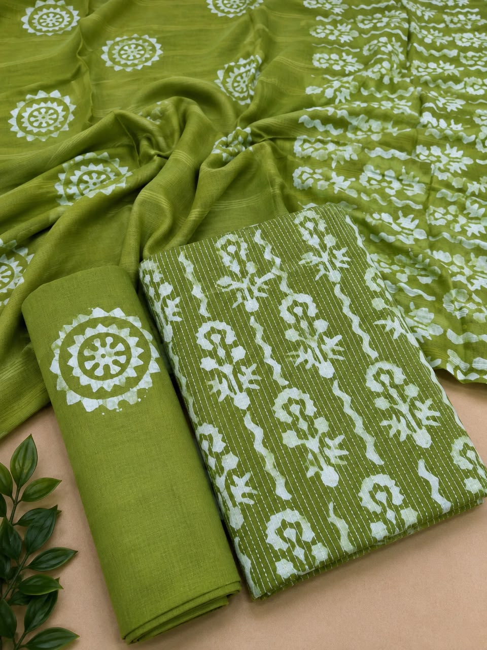 Cotton Hand Batik Katha Block Print Unstitched Suit Set - Avantika Clothing