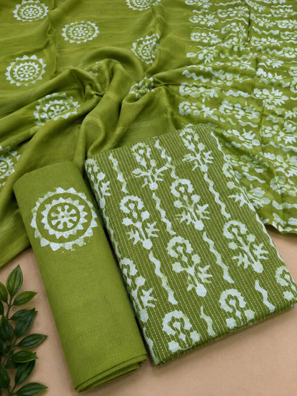 Cotton Hand Batik Katha Block Print Unstitched Suit Set - Avantika Clothing