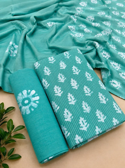 Cotton Hand Batik Katha Block Print Unstitched Suit Set - Avantika Clothing