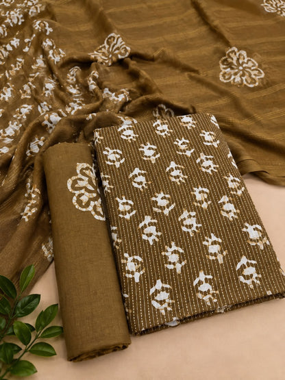 Cotton Hand Batik Katha Block Print Unstitched Suit Set - Avantika Clothing