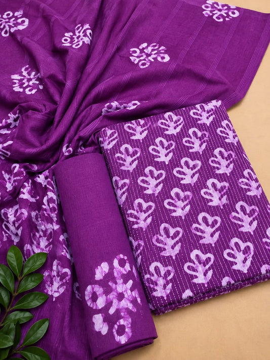 Cotton Hand Batik Katha Block Print Unstitched Suit Set - Avantika Clothing