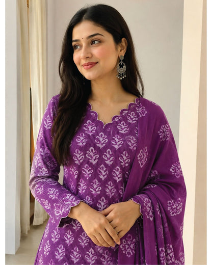 Cotton Hand Batik Katha Block Print Unstitched Suit Set - Avantika Clothing