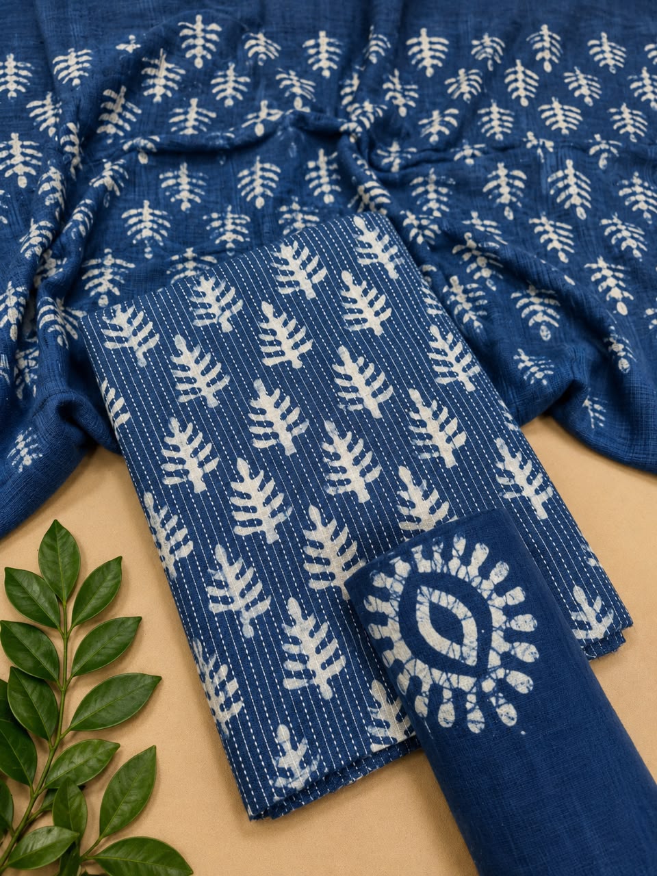 Cotton Hand Batik Katha Block Print Unstitched Suit Set - Avantika Clothing