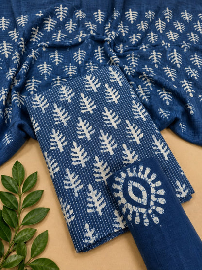 Cotton Hand Batik Katha Block Print Unstitched Suit Set - Avantika Clothing