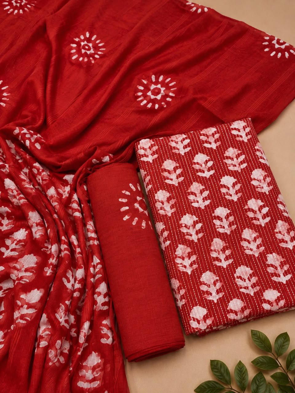 Cotton Hand Batik Katha Block Print Unstitched Suit Set - Avantika Clothing