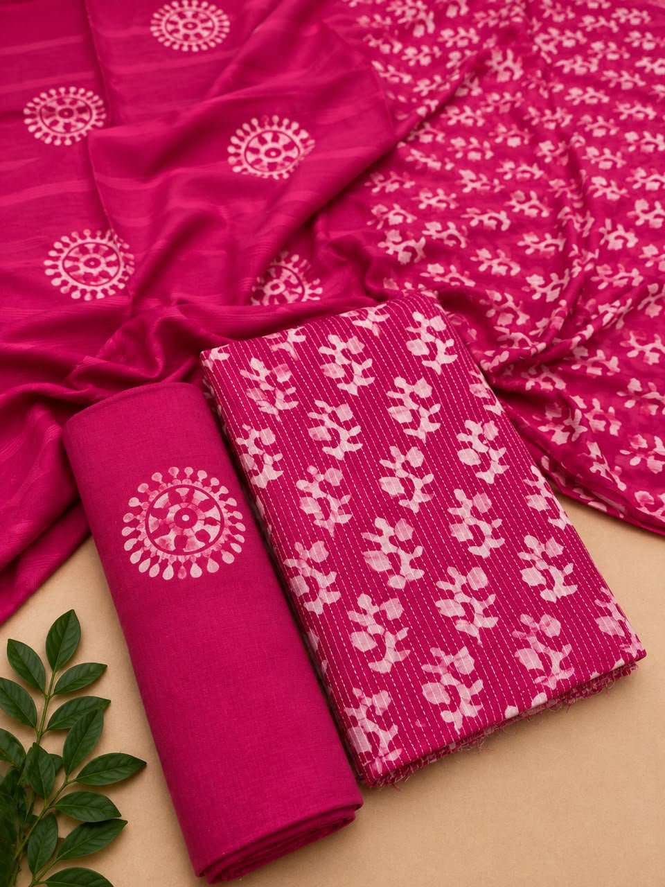 Cotton Hand Batik Katha Block Print Unstitched Suit Set - Avantika Clothing