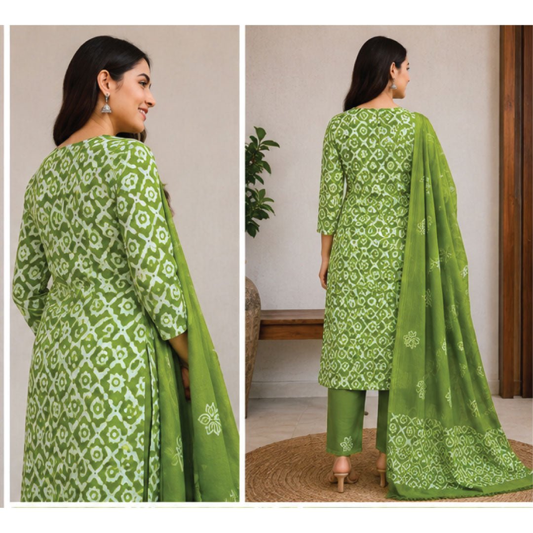 Emerald Green Geometric Hand Block Print Cotton Unstitched Suit Set - Avantika Clothing