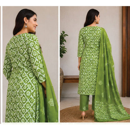Emerald Green Geometric Hand Block Print Cotton Unstitched Suit Set - Avantika Clothing