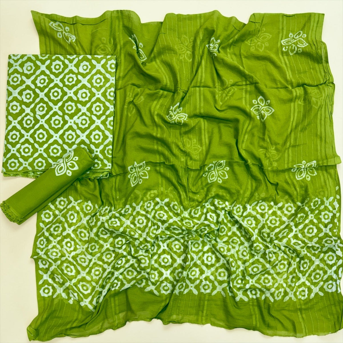Emerald Green Geometric Hand Block Print Cotton Unstitched Suit Set - Avantika Clothing