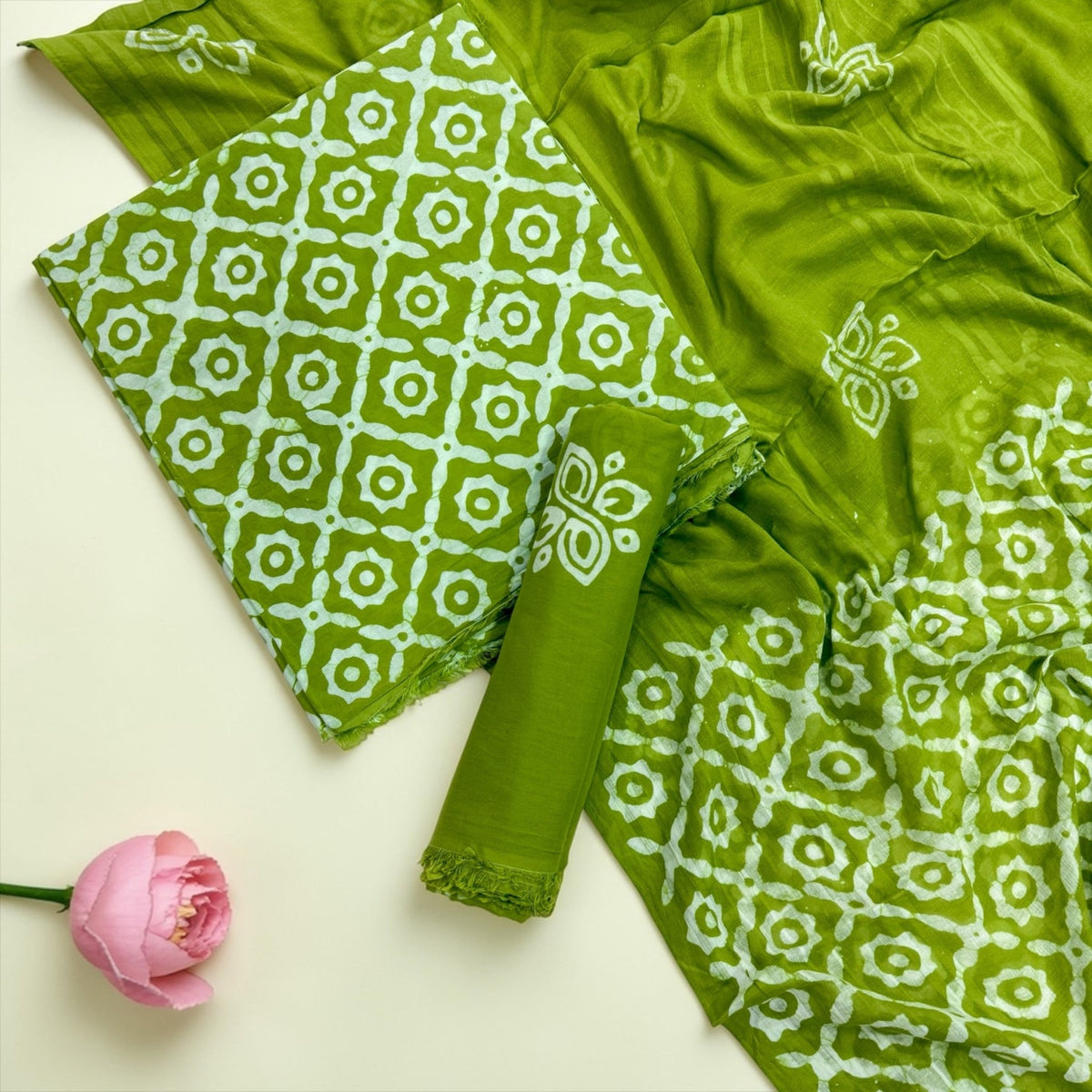 Emerald Green Geometric Hand Block Print Cotton Unstitched Suit Set - Avantika Clothing