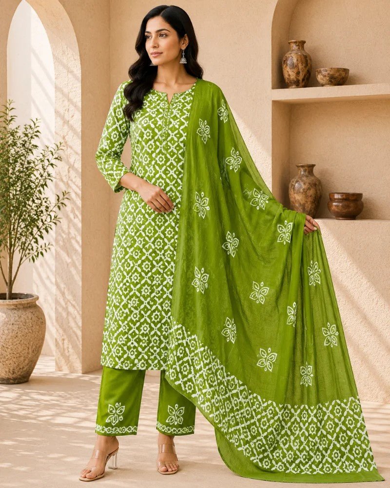 Emerald Green Geometric Hand Block Print Cotton Unstitched Suit Set - Avantika Clothing