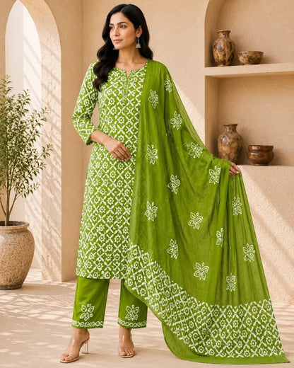 Emerald Green Geometric Hand Block Print Cotton Unstitched Suit Set - Avantika Clothing