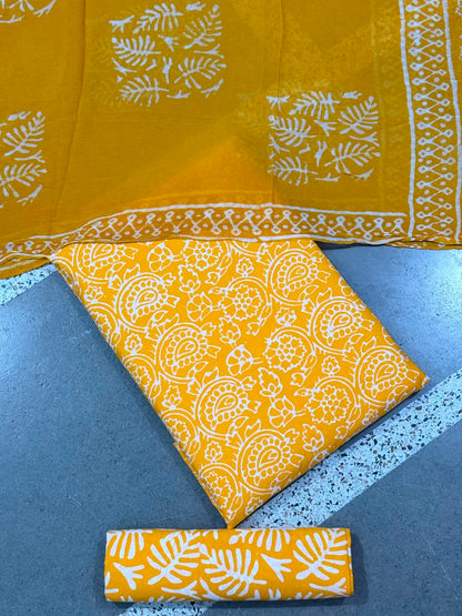 Hand Block Wax Batik Print Pital All-Over Printed Unstitched Suits - Avantika Clothing