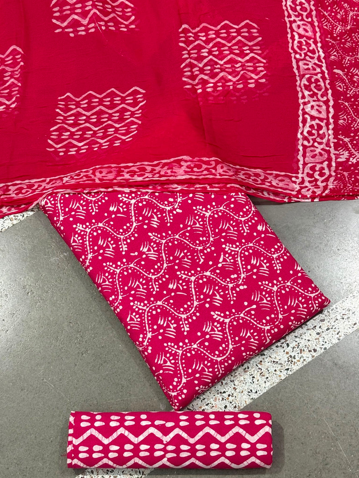Hand Block Wax Batik Print Pital All-Over Printed Unstitched Suits - Avantika Clothing