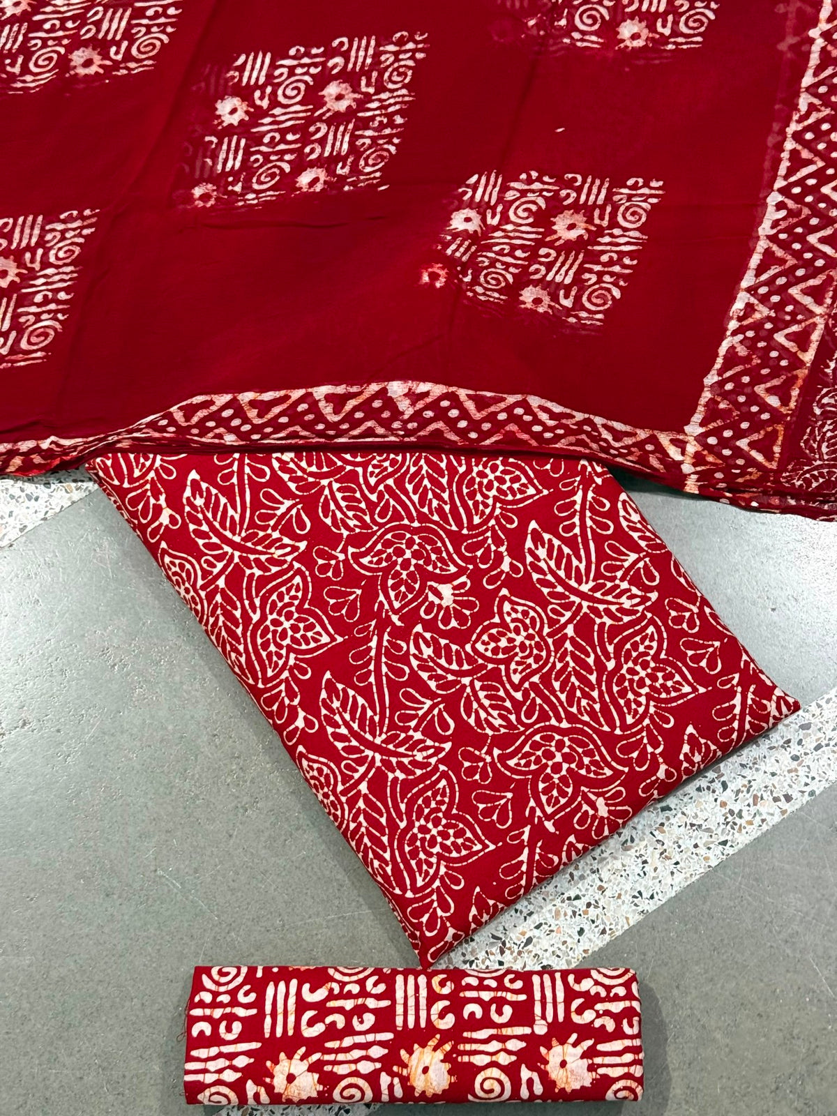 Hand Block Wax Batik Print Pital All-Over Printed Unstitched Suits - Avantika Clothing