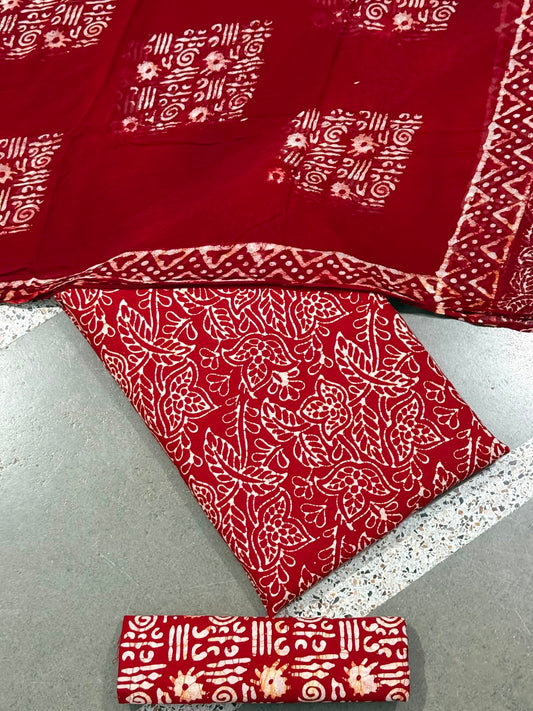 Hand Block Wax Batik Print Pital All-Over Printed Unstitched Suits - Avantika Clothing