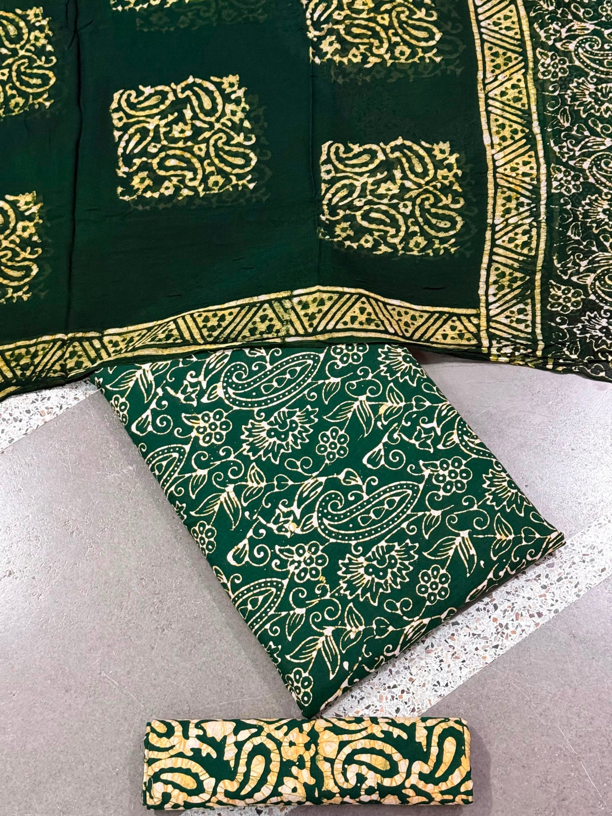 Hand Block Wax Batik Print Pital All-Over Printed Unstitched Suits - Avantika Clothing