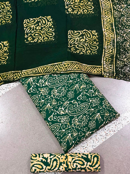 Hand Block Wax Batik Print Pital All-Over Printed Unstitched Suits - Avantika Clothing