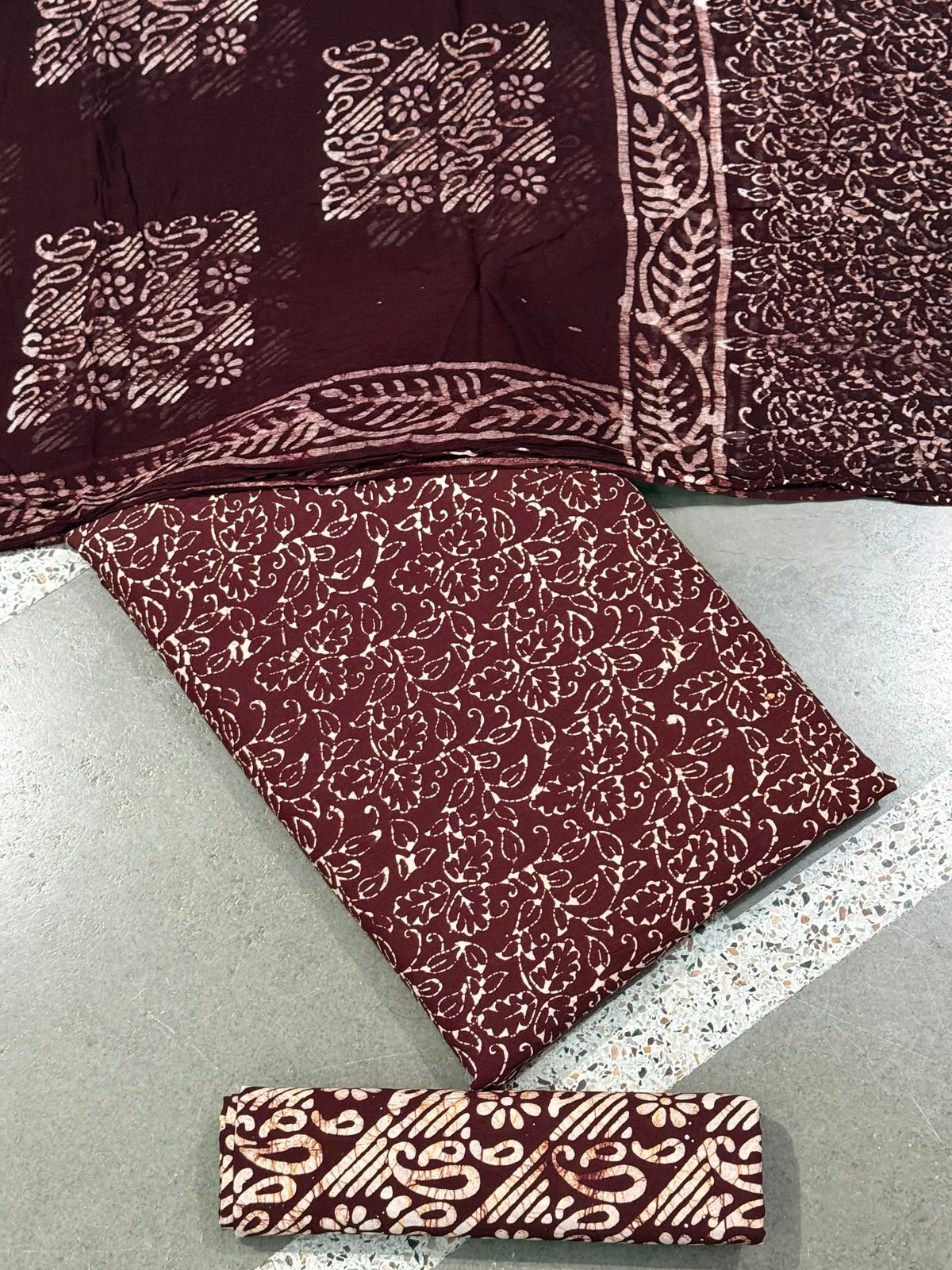 Hand Block Wax Batik Print Pital All-Over Printed Unstitched Suits - Avantika Clothing
