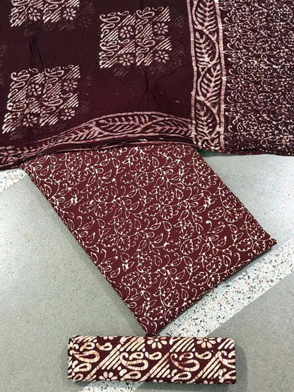 Hand Block Wax Batik Print Pital All-Over Printed Unstitched Suits - Avantika Clothing