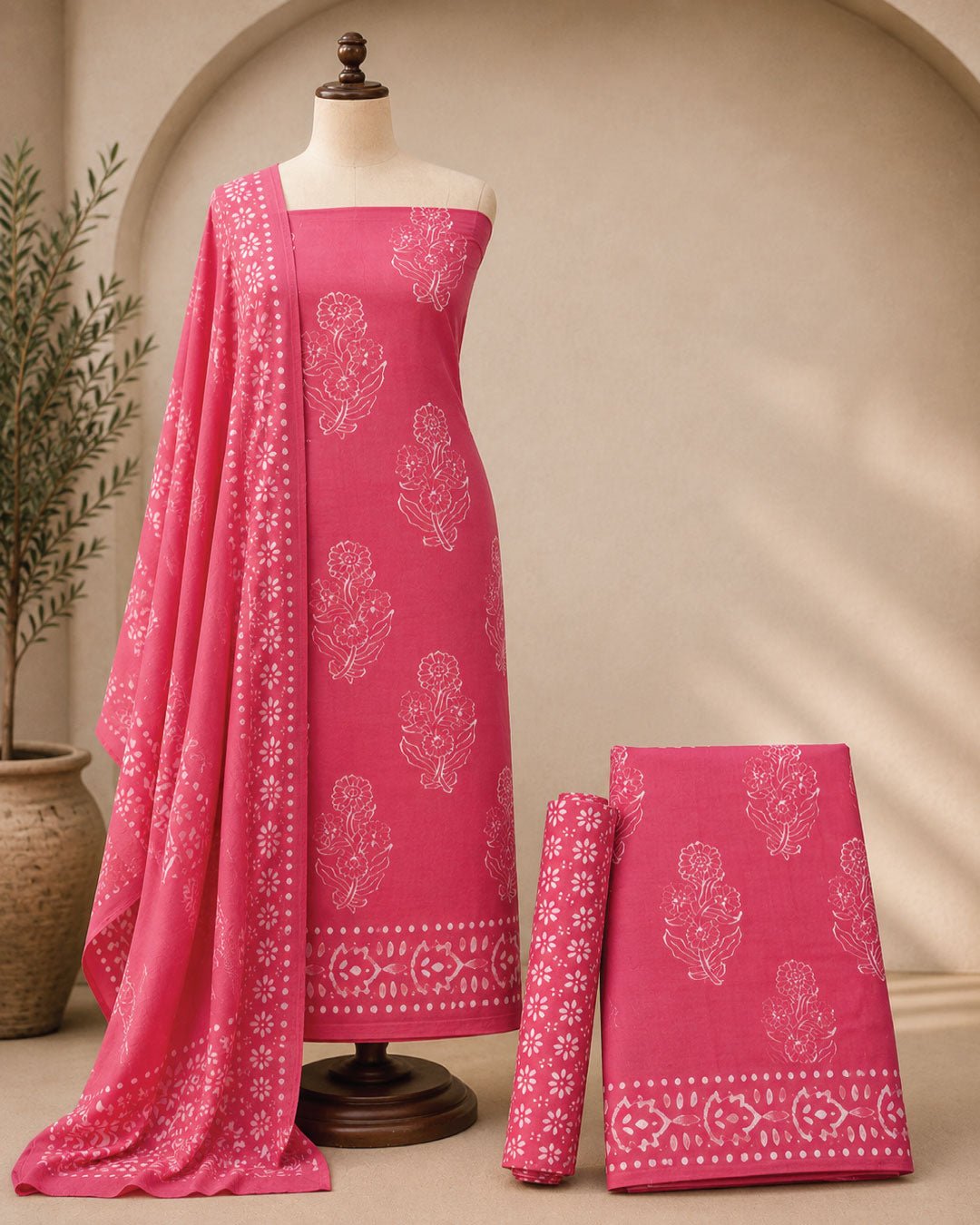 Hand Block Wax Batik Print Pital Unstitched Suit Set - Avantika Clothing