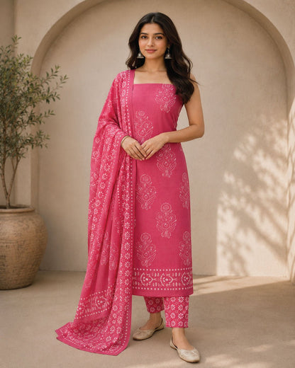 Hand Block Wax Batik Print Pital Unstitched Suit Set - Avantika Clothing