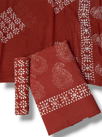 Hand Block Wax Batik Print Pital Unstitched Suit Set - Avantika Clothing