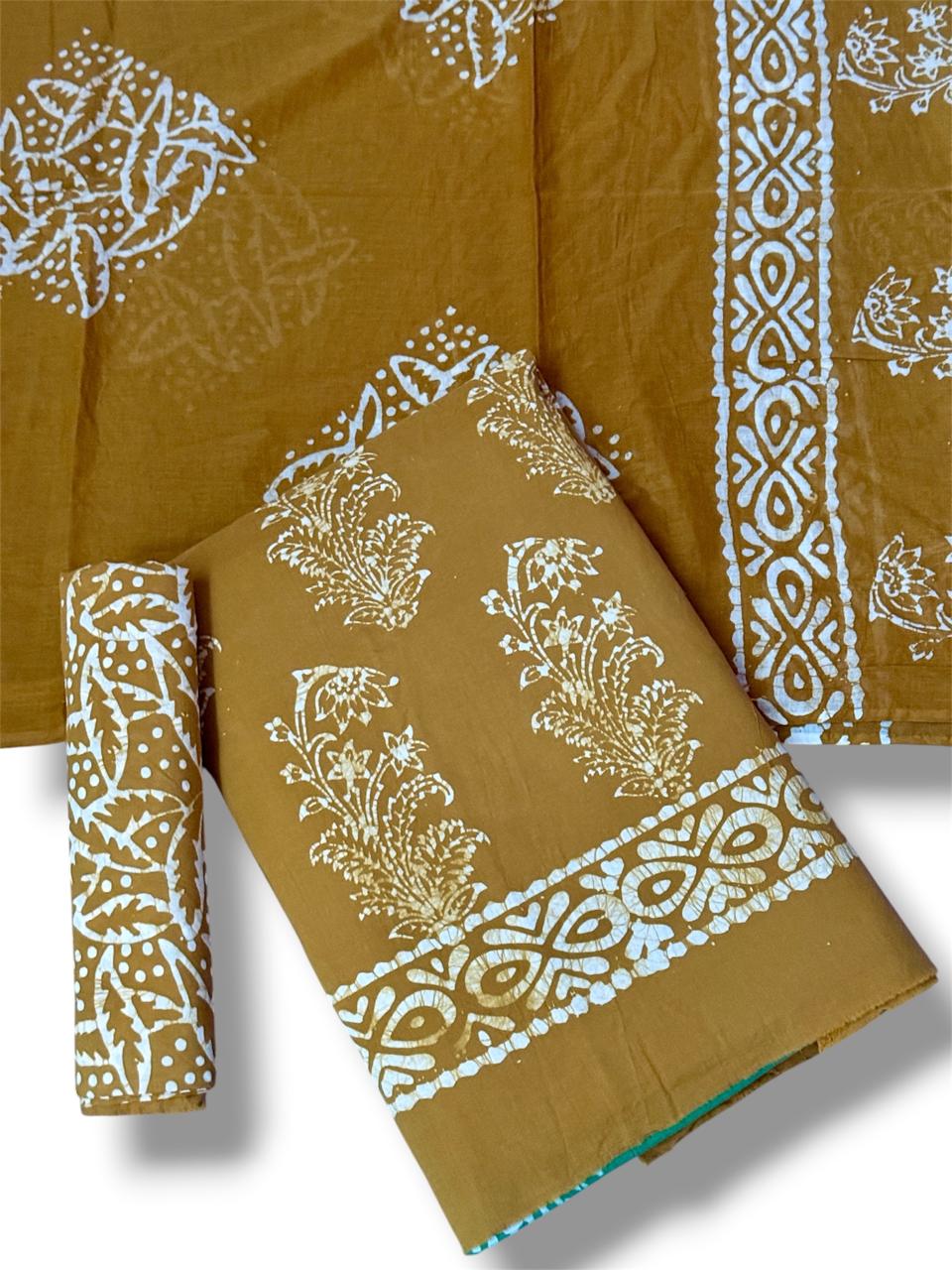 Hand Block Wax Batik Print Pital Unstitched Suit Set - Avantika Clothing
