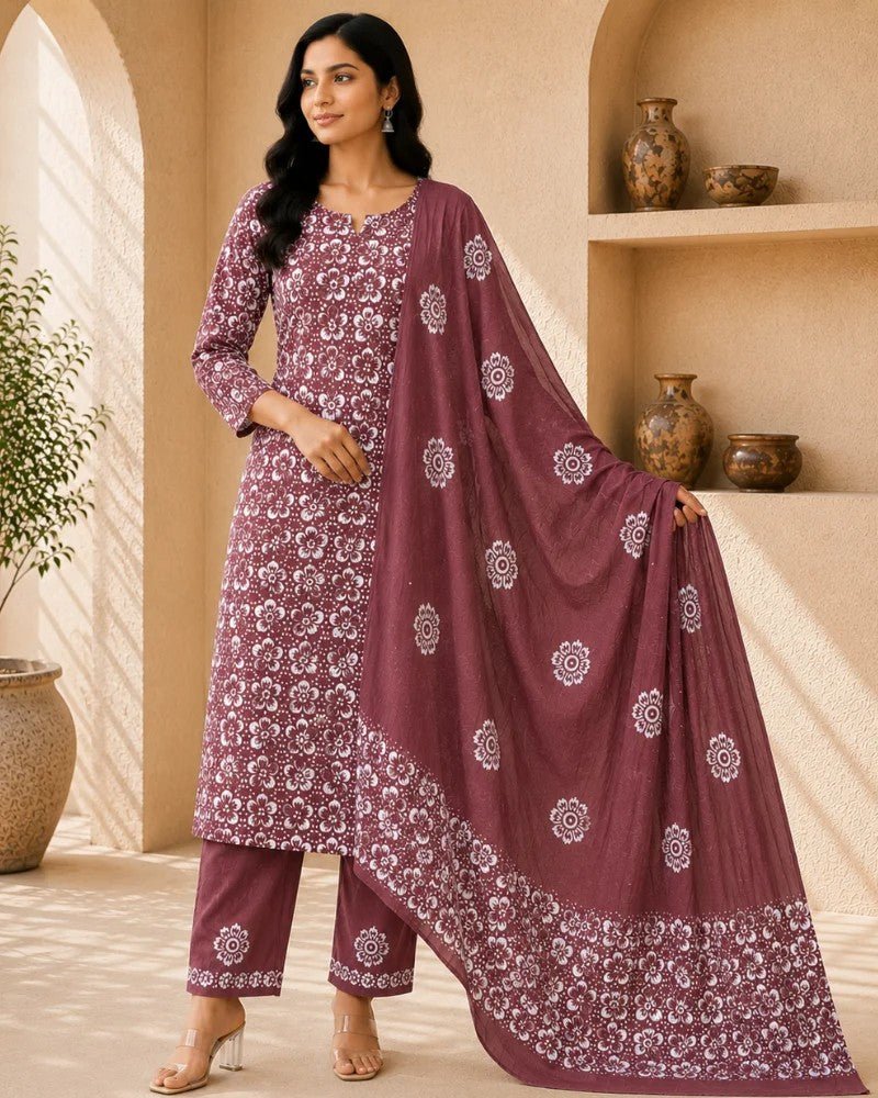 Maroon Floral Hand Block Print Cotton Unstitched Suit Set - Avantika Clothing