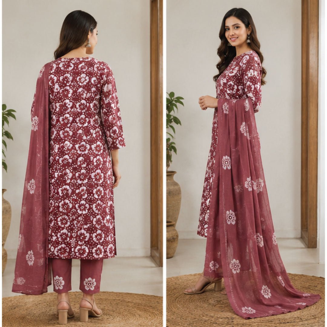 Maroon Floral Hand Block Print Cotton Unstitched Suit Set - Avantika Clothing