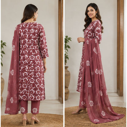 Maroon Floral Hand Block Print Cotton Unstitched Suit Set - Avantika Clothing
