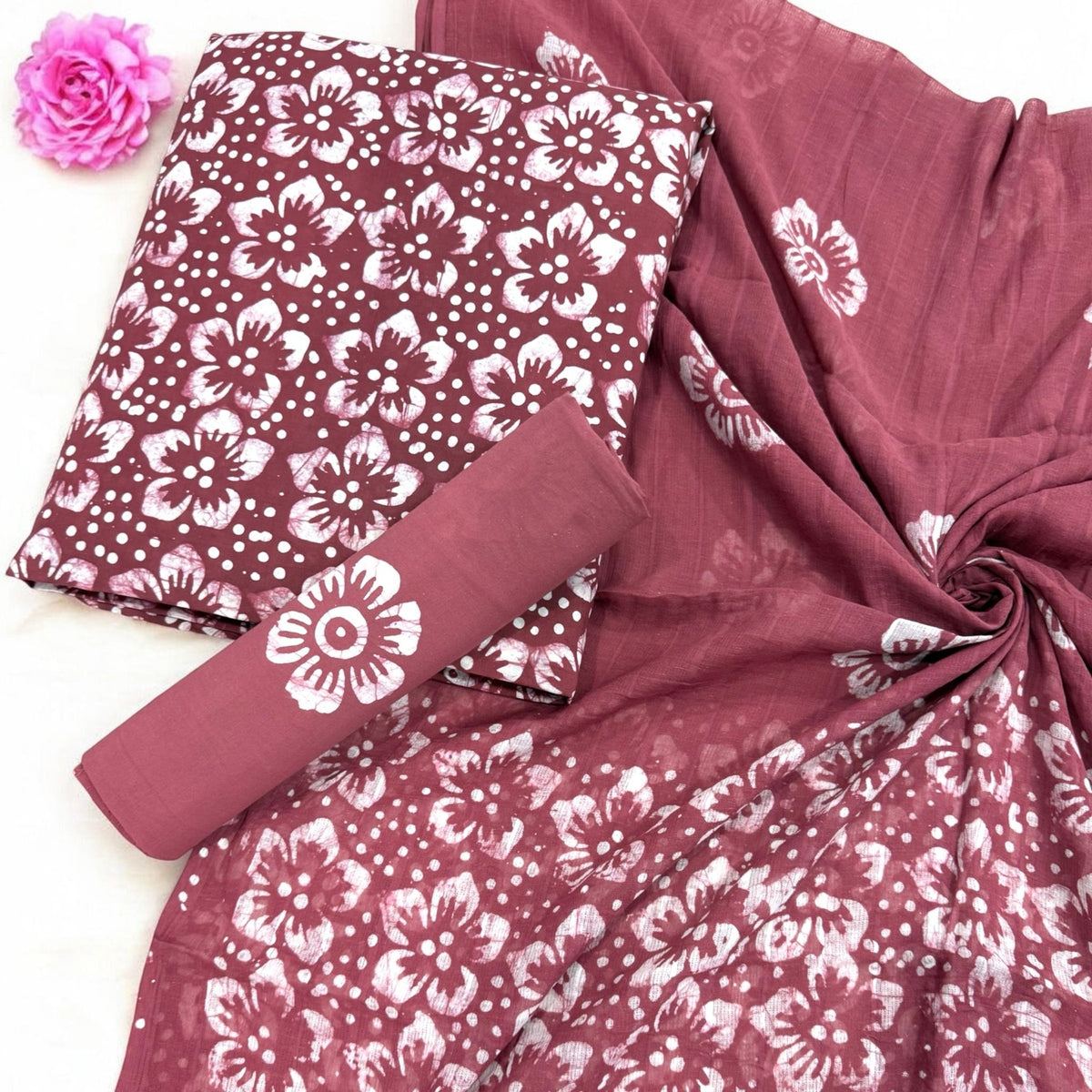Maroon Floral Hand Block Print Cotton Unstitched Suit Set - Avantika Clothing