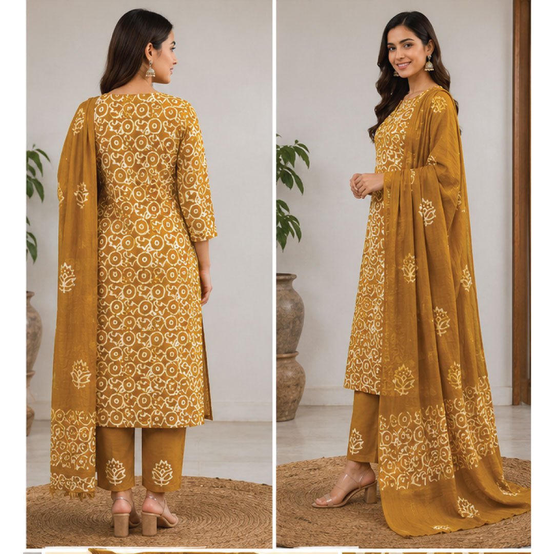Mustard Bloom Hand Block Print Cotton Unstitched Suit Set - Avantika Clothing