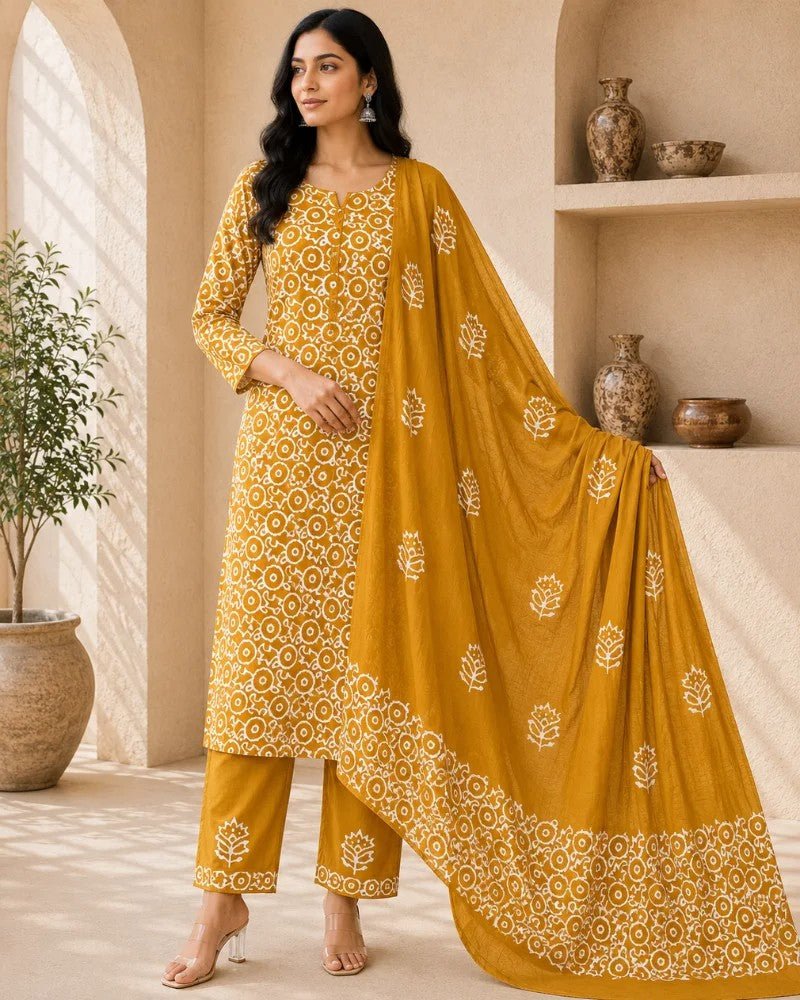 Mustard Bloom Hand Block Print Cotton Unstitched Suit Set - Avantika Clothing