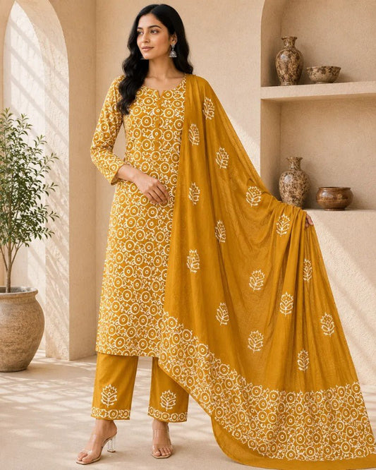 Mustard Bloom Hand Block Print Cotton Unstitched Suit Set - Avantika Clothing