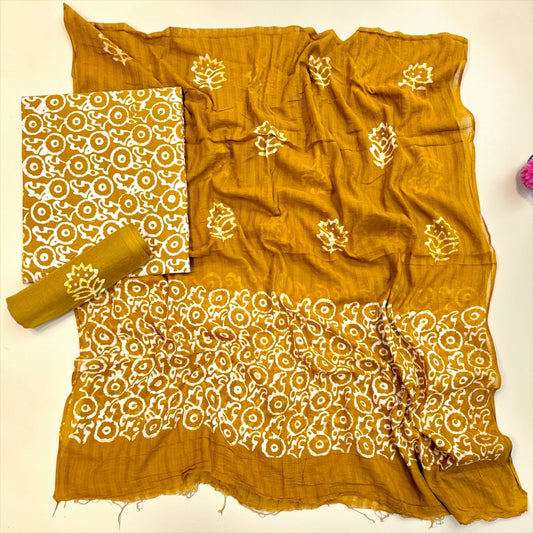 Mustard Bloom Hand Block Print Cotton Unstitched Suit Set - Avantika Clothing