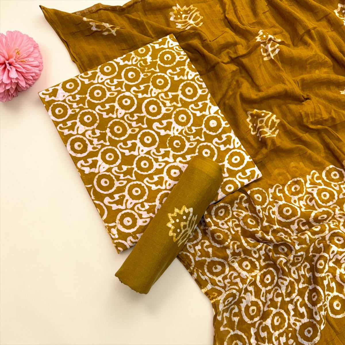 Mustard Bloom Hand Block Print Cotton Unstitched Suit Set - Avantika Clothing