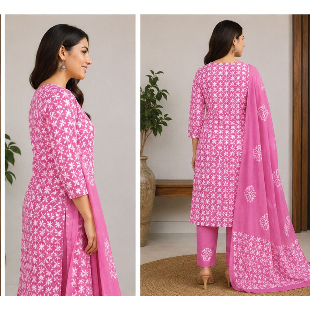 Pink Blossom Hand Block Print Cotton Suit Set - Avantika Clothing