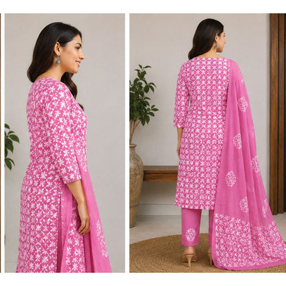 Pink Blossom Hand Block Print Cotton Suit Set - Avantika Clothing