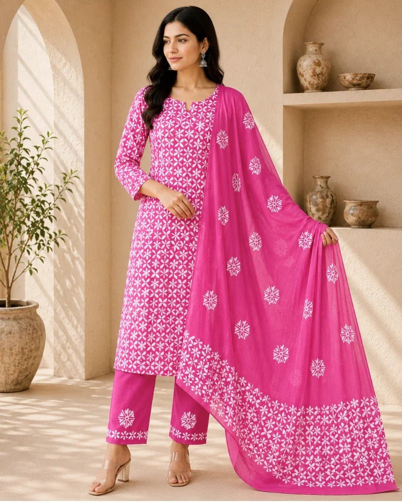 Pink Blossom Hand Block Print Cotton Suit Set - Avantika Clothing